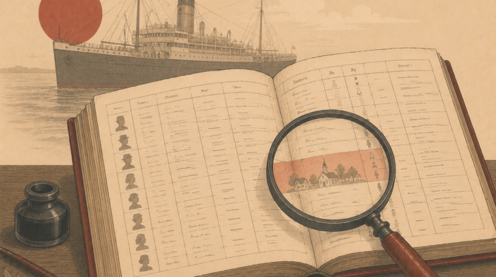 Illustration of a ship manifest being examined to find a Polish ancestral village name