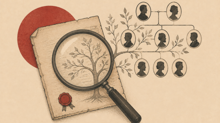 Illustration of a magnifying glass revealing a Polish family tree in an old document