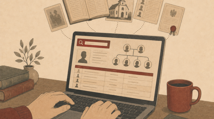 Illustration of a researcher searching the Geneteka genealogy database