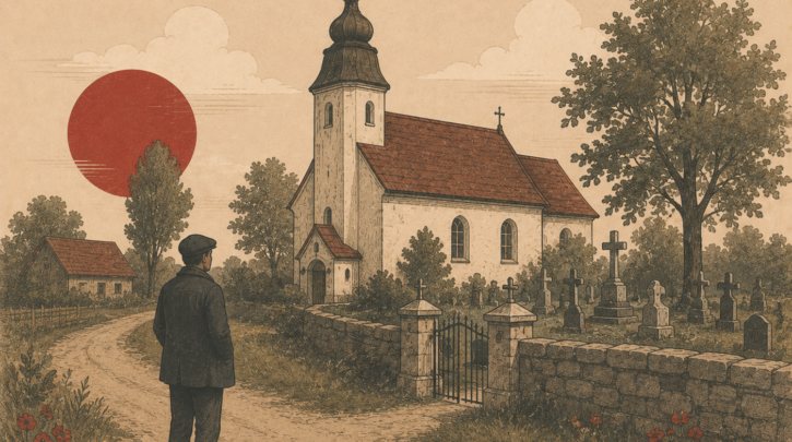 Illustration of a person visiting their ancestral village church and cemetery in Poland