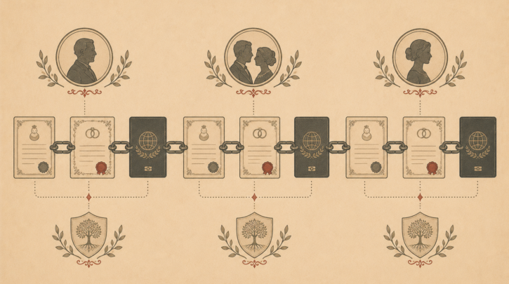 Illustration of a chain of documents representing generations of Polish citizenship