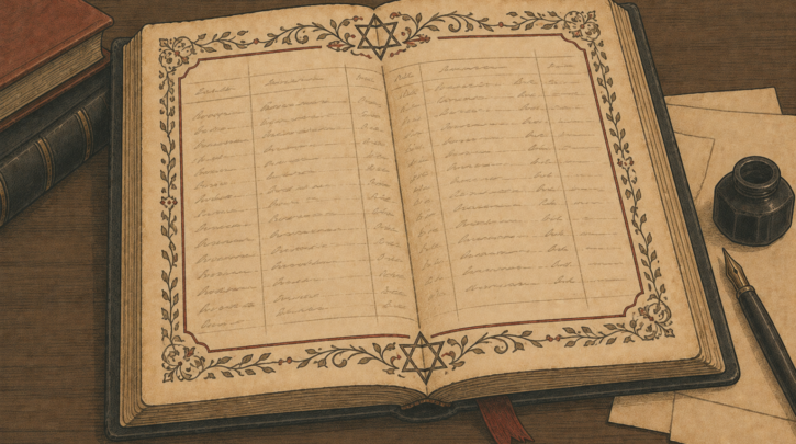 Illustration of an archival record book representing Polish-Jewish genealogical history