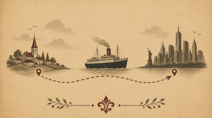 Illustration of the Polish diaspora's journey from village to new homeland