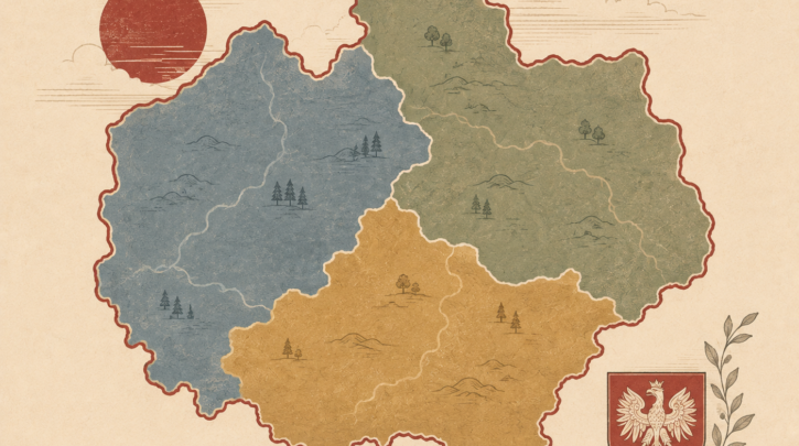 Stylized illustration of Poland's three historical partition zones
