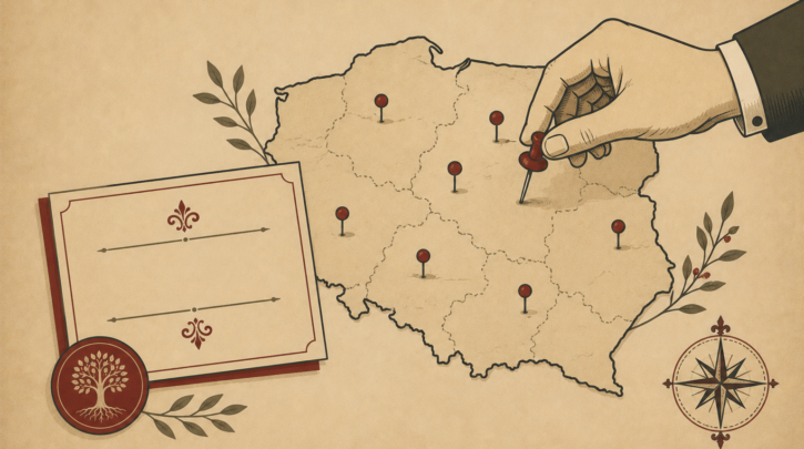 Illustration of researching a Polish surname's geographic origin on a map