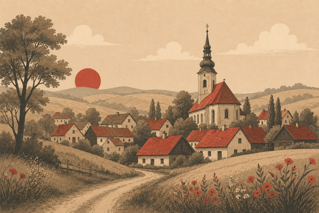 Illustration of a traditional Polish ancestral village
