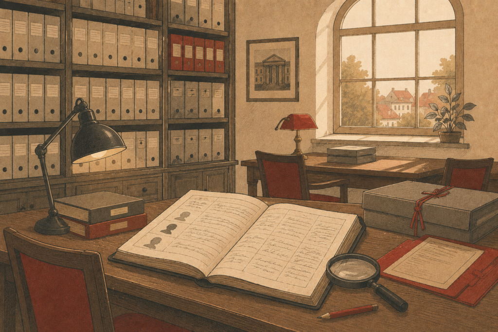 Illustration of a Polish archive reading room with record ledgers