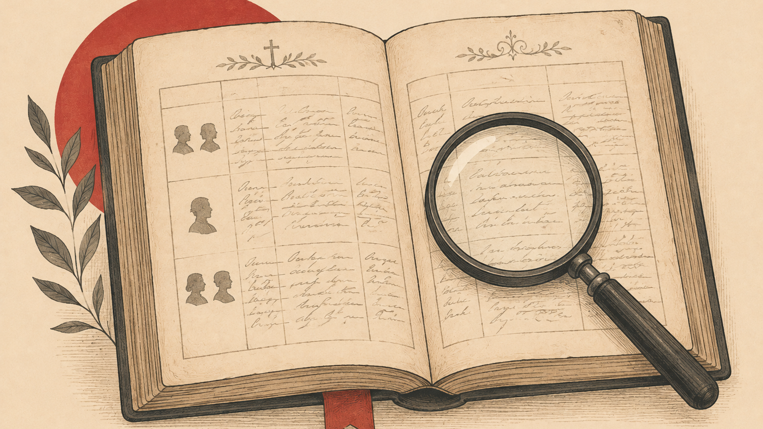 Illustration of a Polish parish record book being researched