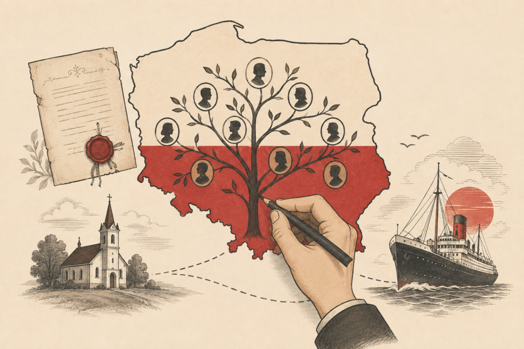 Illustration of a Polish family tree traced across a map of Poland
